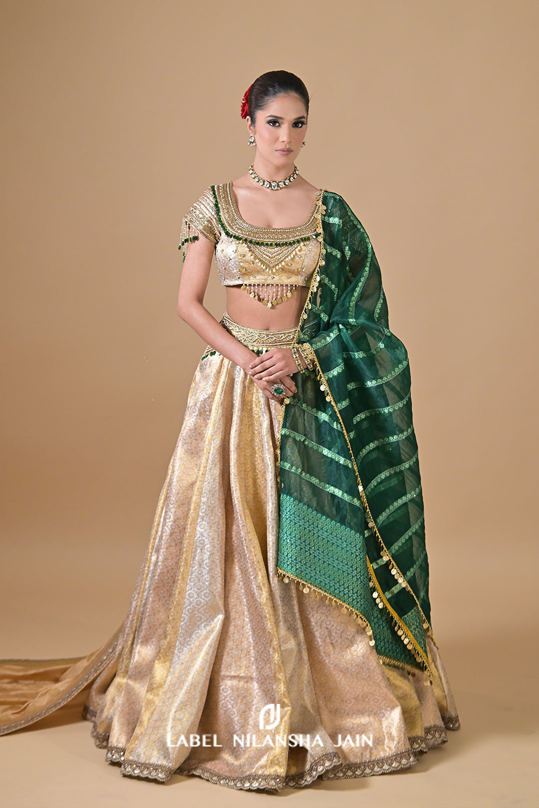 Gold Banarasi Lehenga With Emeralds Roshini Lehenga