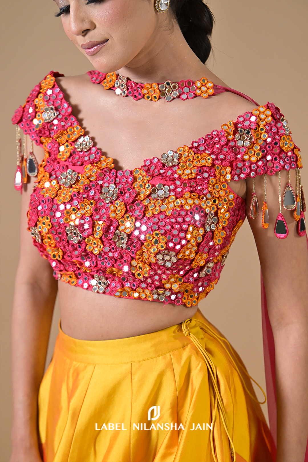 Multicolored Mirrorwork Silk Satrang Lehenga