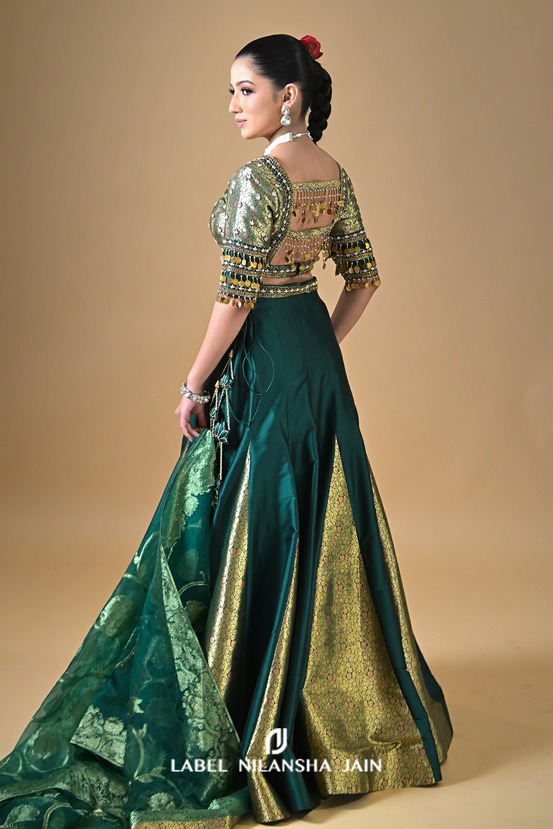Bottle Green Banarasi Silk Kalidar Rivaz Lehenga