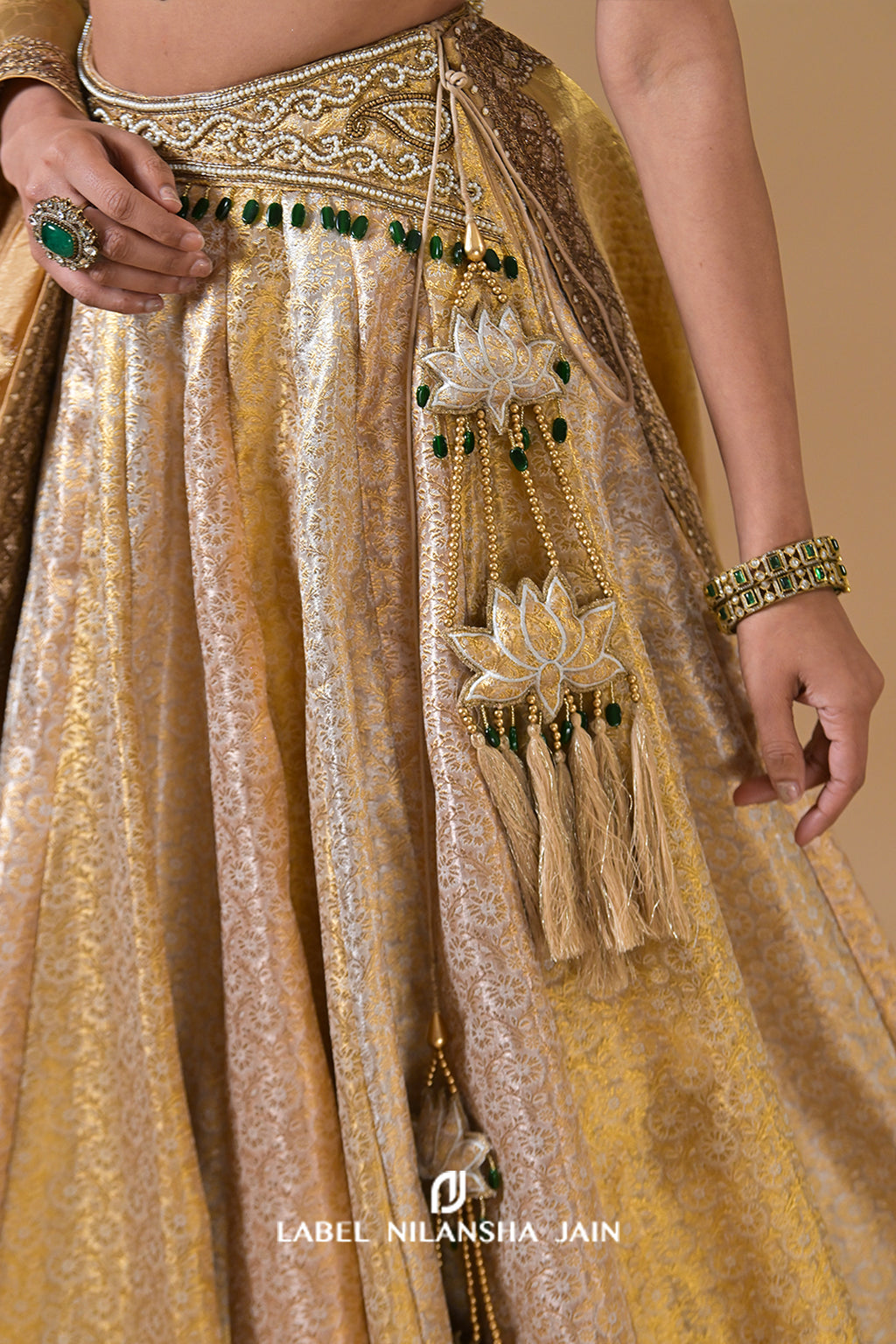 Gold Banarasi Lehenga With Emeralds Roshini Lehenga