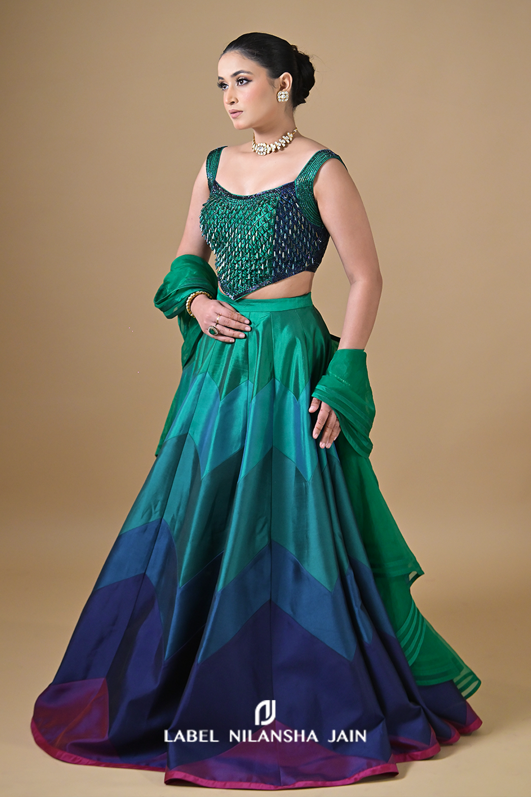 Multicoloured Blue-Green Silk Shahana Lehenga