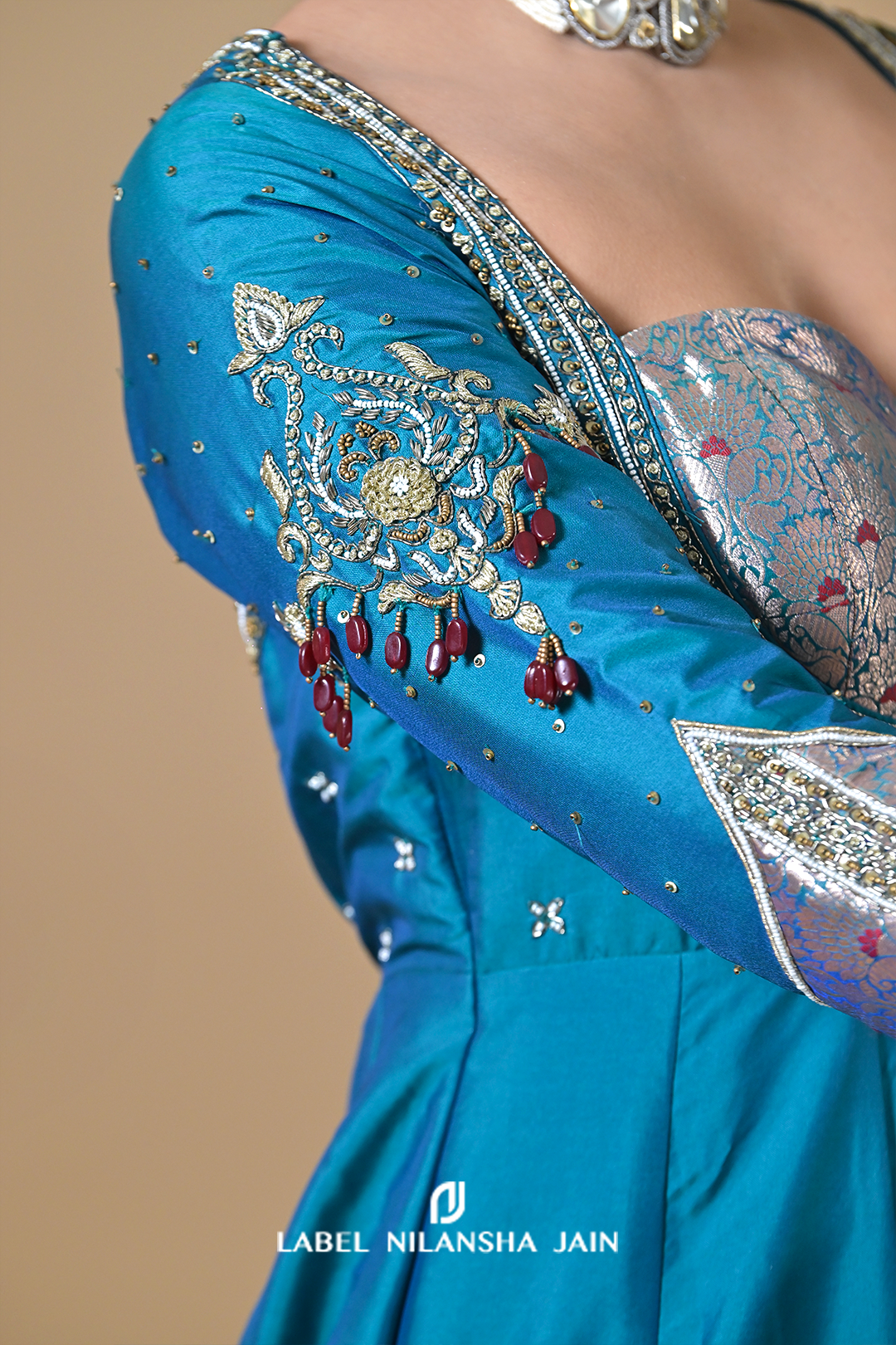 Teal Blue Banarasi Silk Raunaq Anarkali