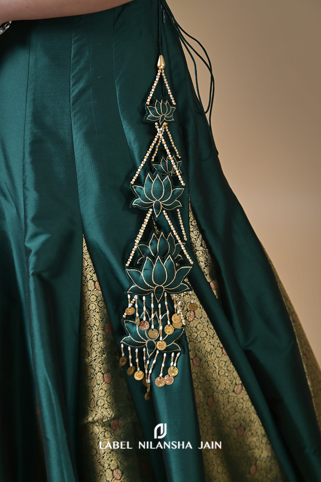 Bottle Green Banarasi Silk Kalidar Rivaz Lehenga