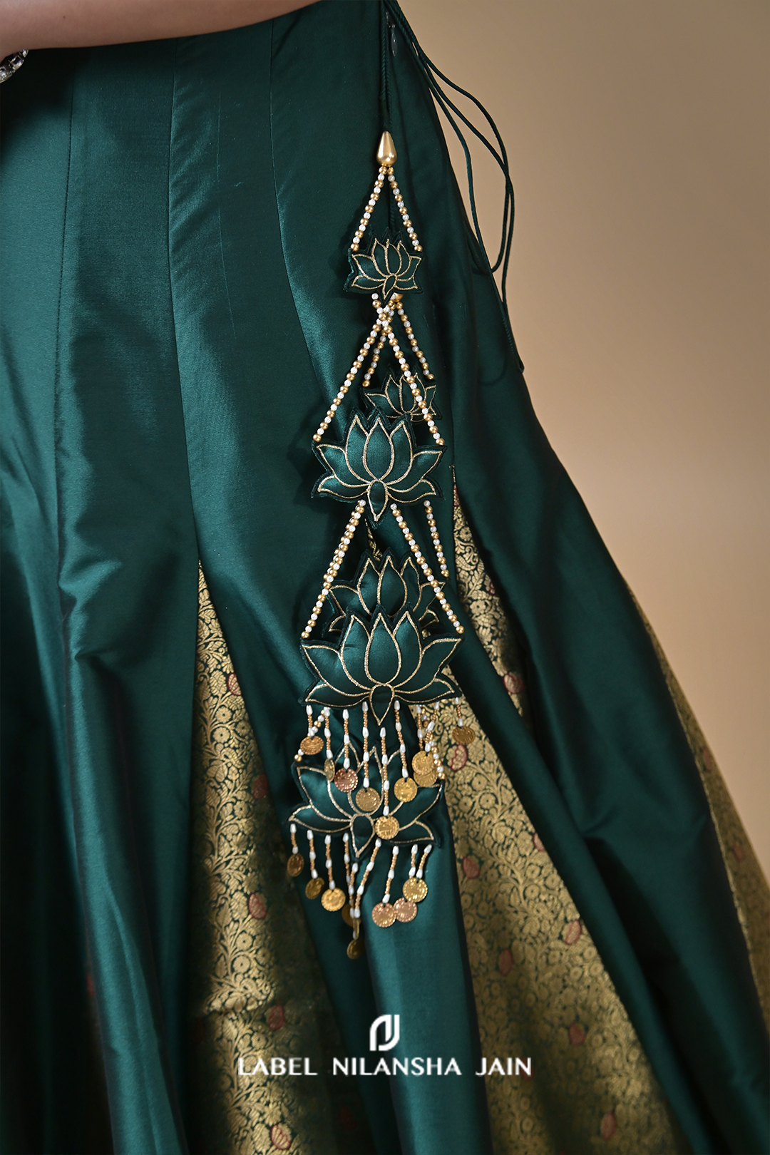 Bottle Green Banarasi Silk Kalidar Rivaz Lehenga