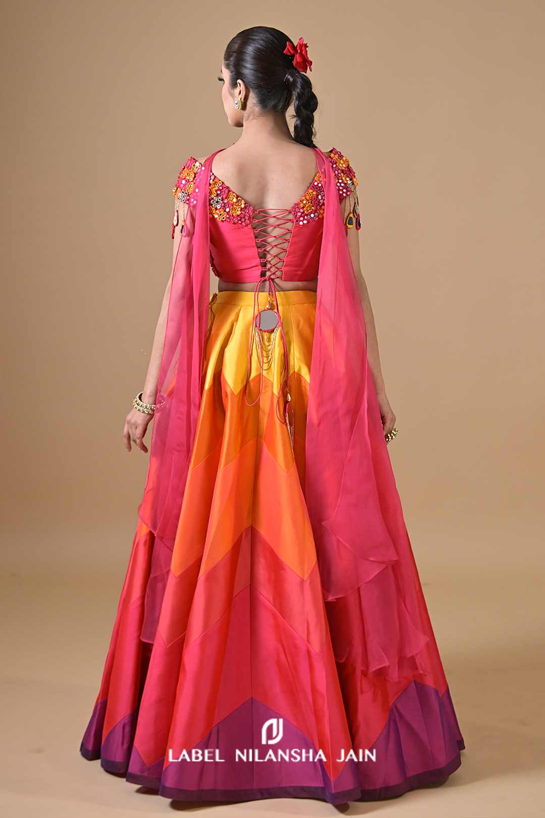 Multicolored Mirrorwork Silk Satrang Lehenga