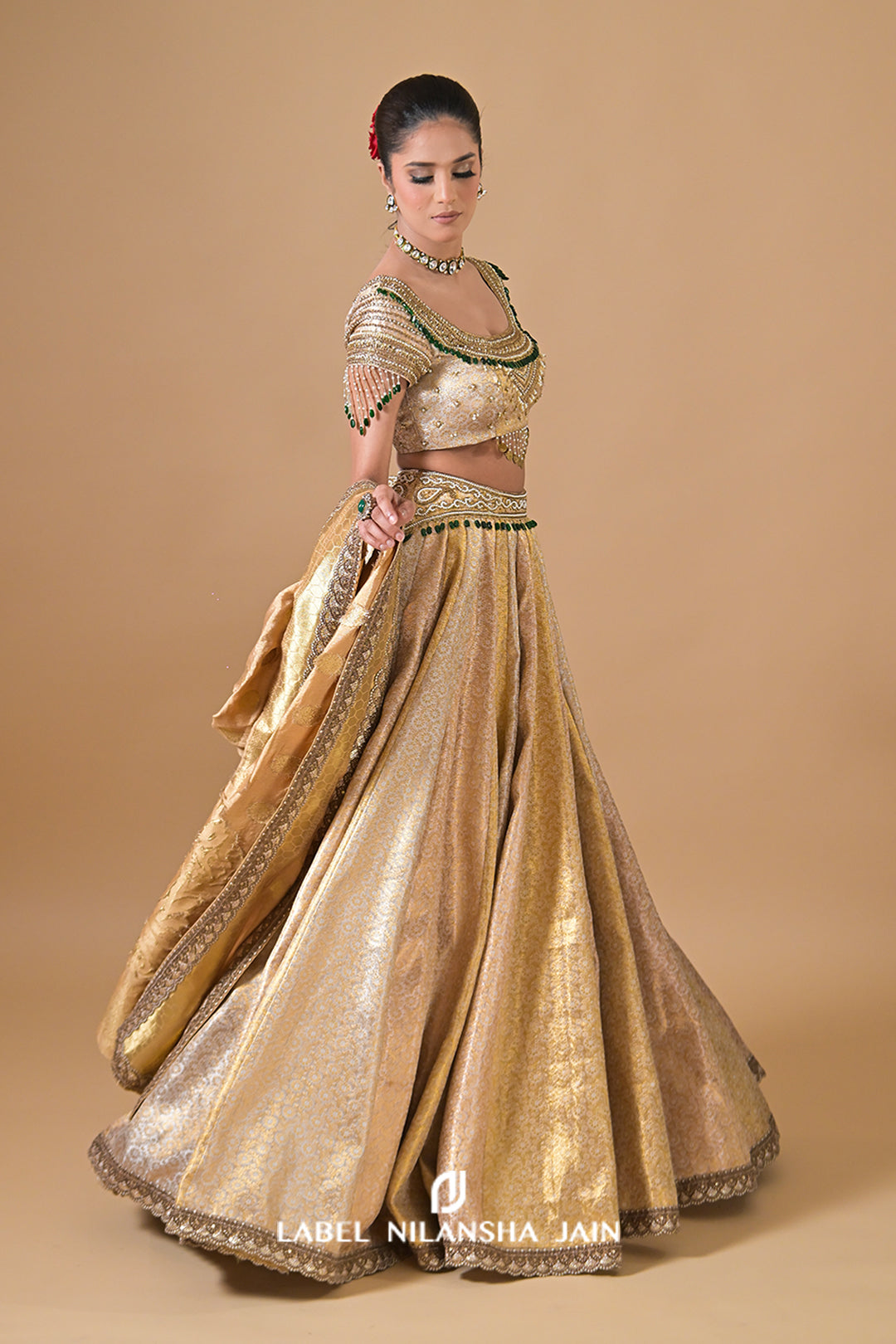 Gold Banarasi Lehenga With Emeralds Roshini Lehenga