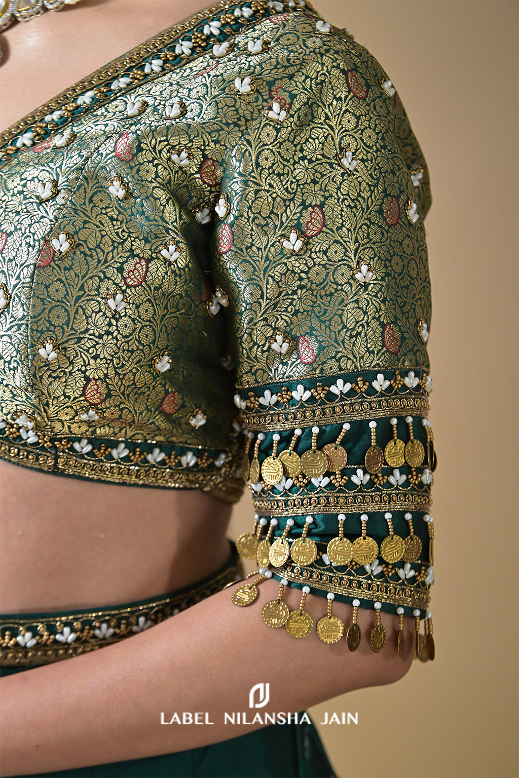 Bottle Green Banarasi Silk Kalidar Rivaz Lehenga