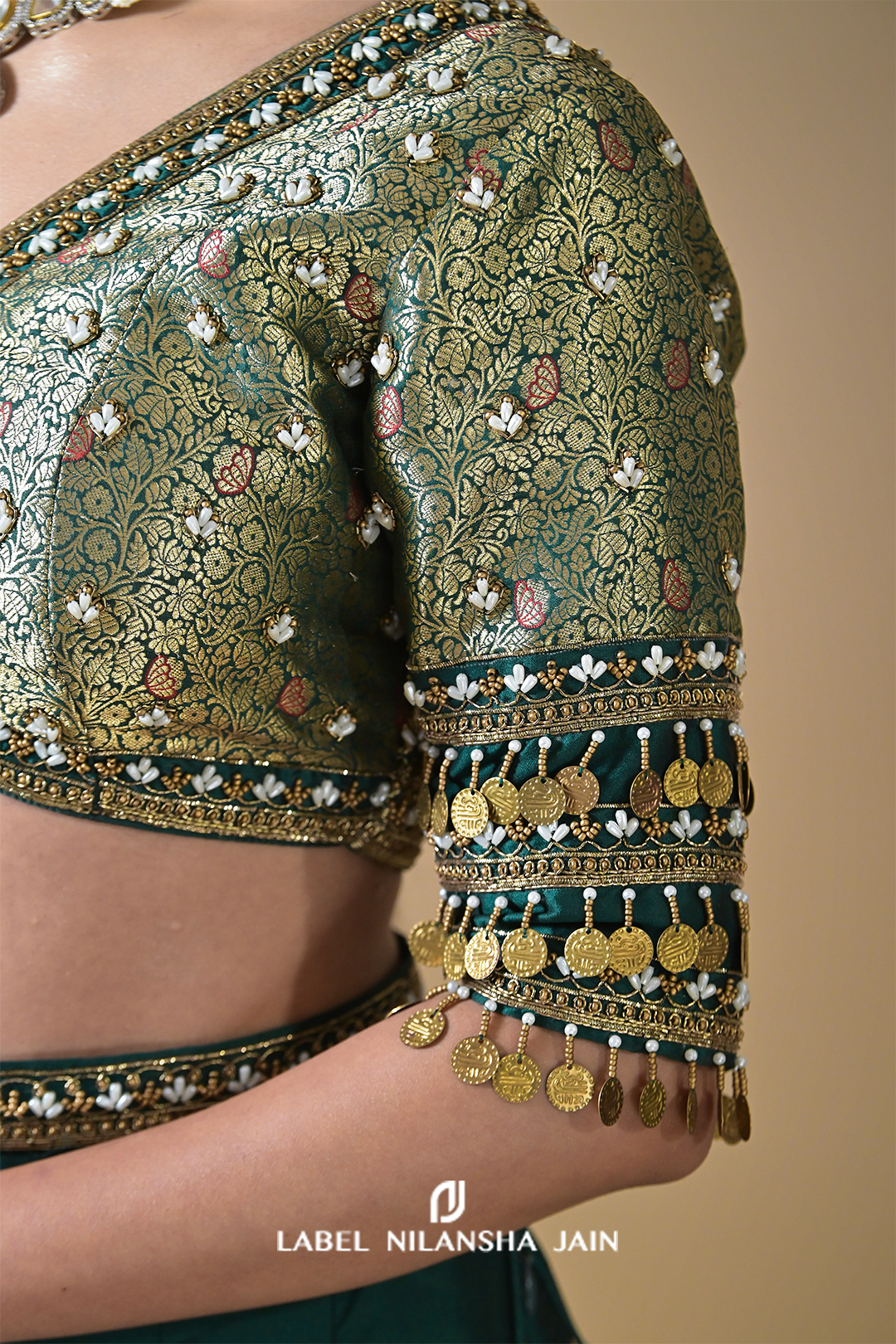 Bottle Green Banarasi Silk Kalidar Rivaz Lehenga