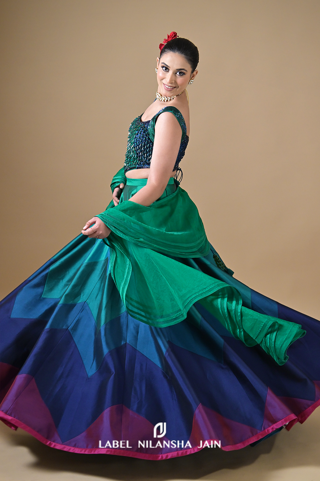 Multicoloured Blue-Green Silk Shahana Lehenga