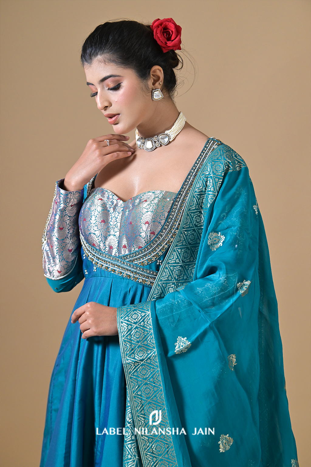 Teal Blue Banarasi Silk Raunaq Anarkali