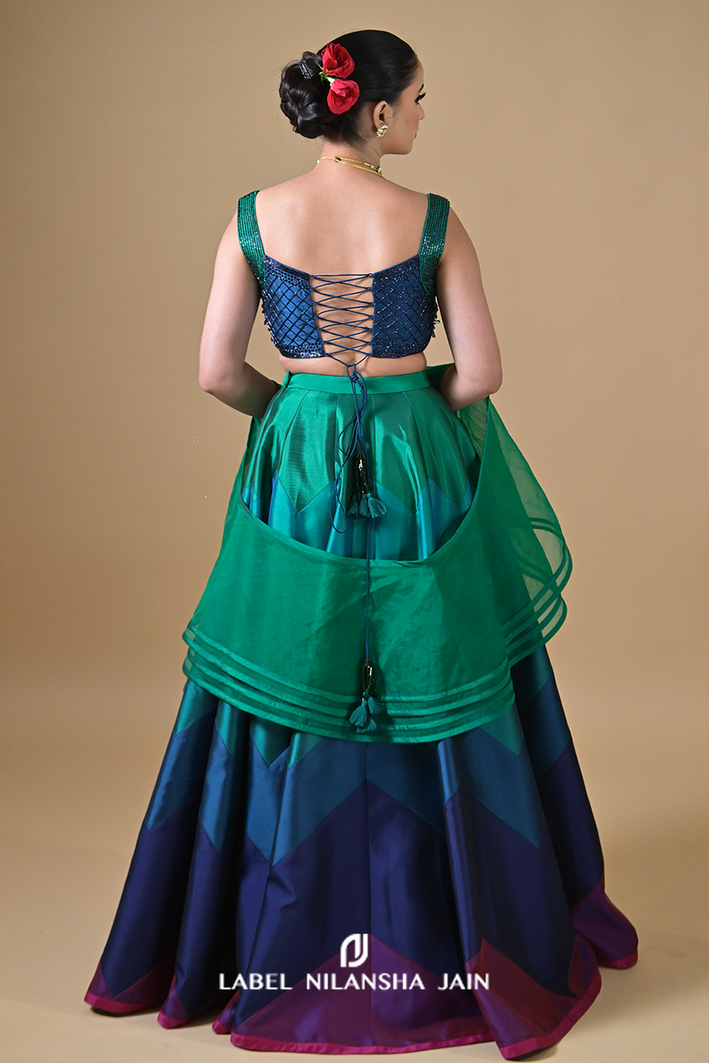 Multicoloured Blue-Green Silk Shahana Lehenga