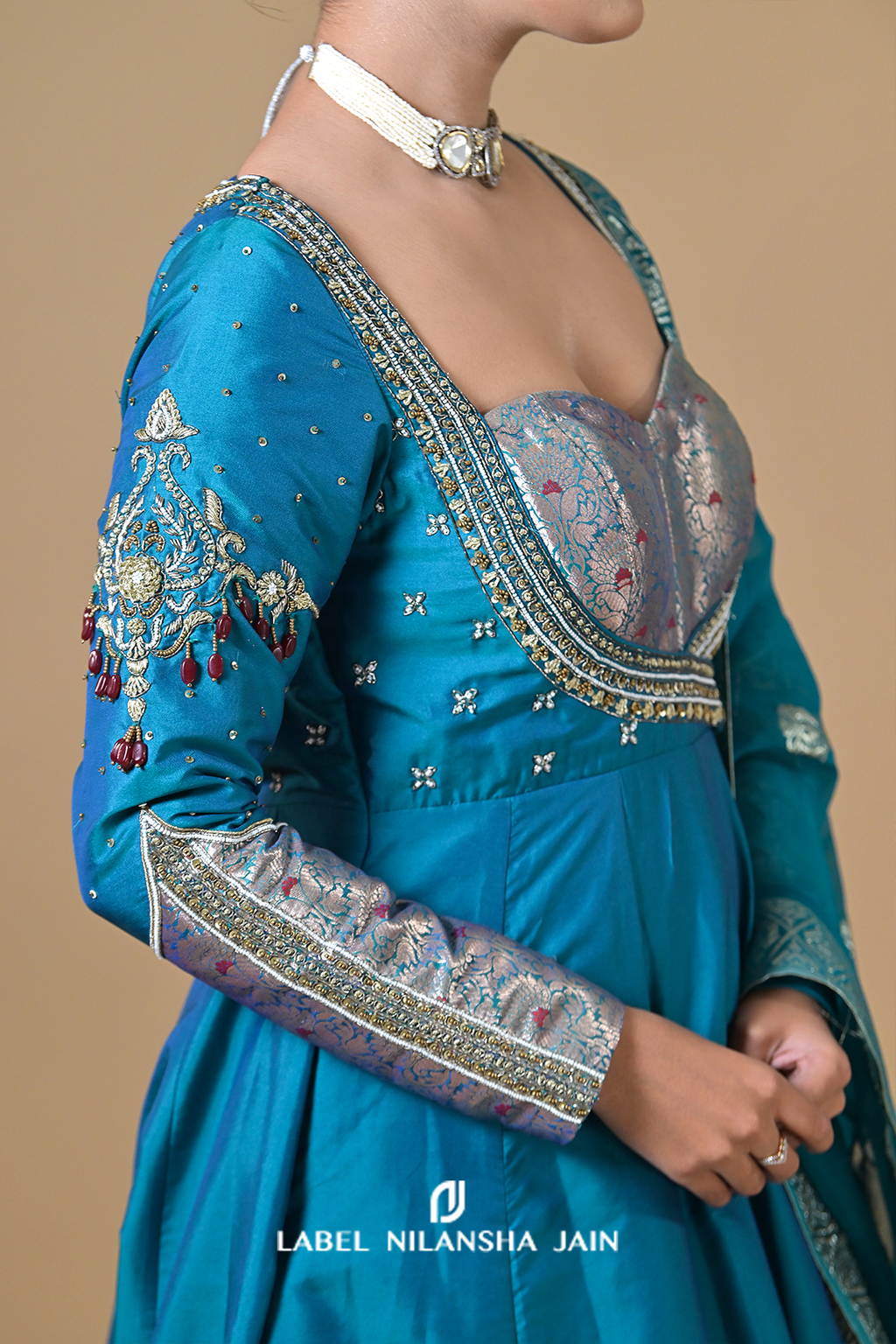 Teal Blue Banarasi Silk Raunaq Anarkali