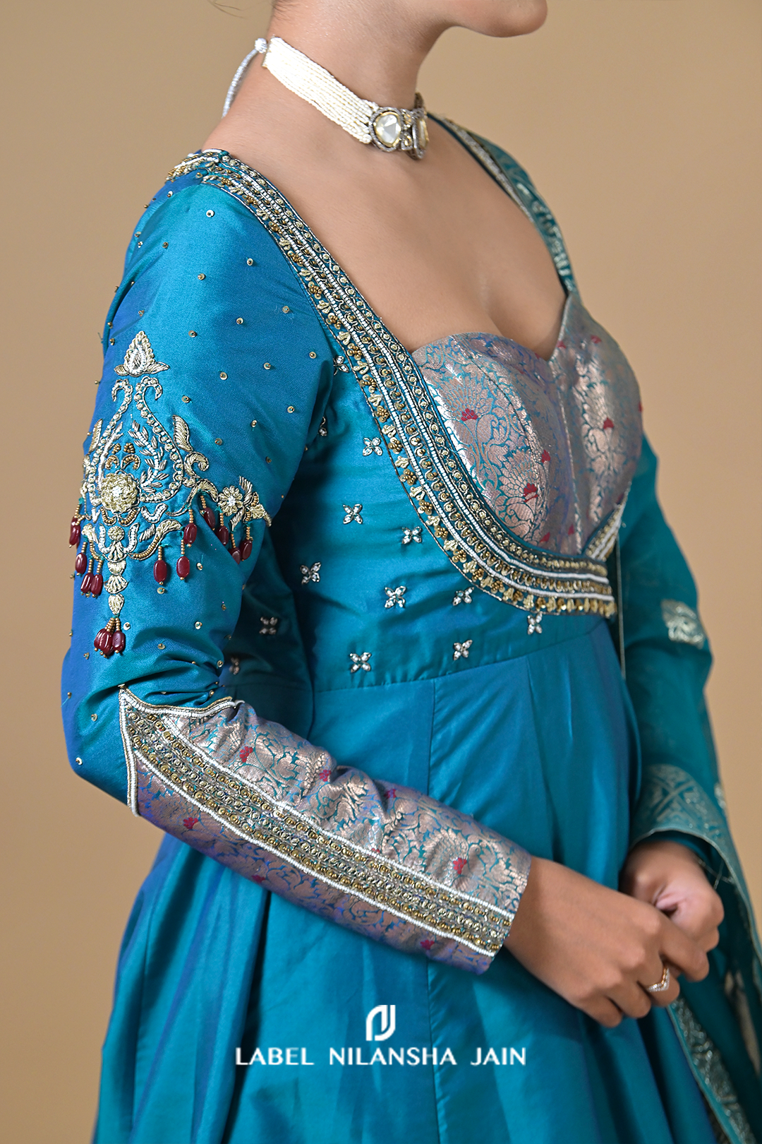 Teal Blue Banarasi Silk Raunaq Anarkali