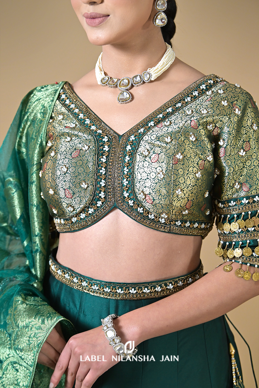 Bottle Green Banarasi Silk Kalidar Rivaz Lehenga