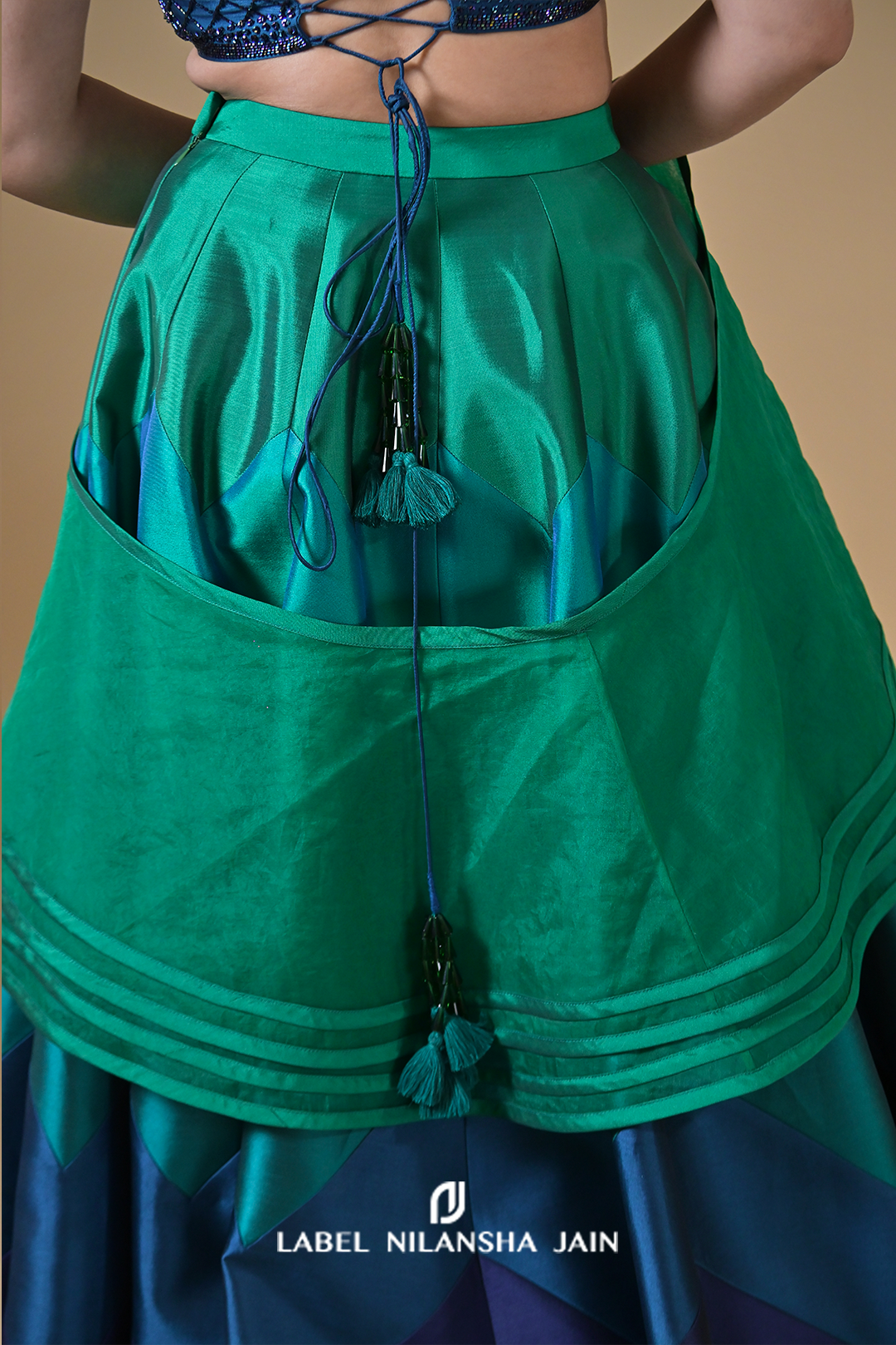 Multicoloured Blue-Green Silk Shahana Lehenga