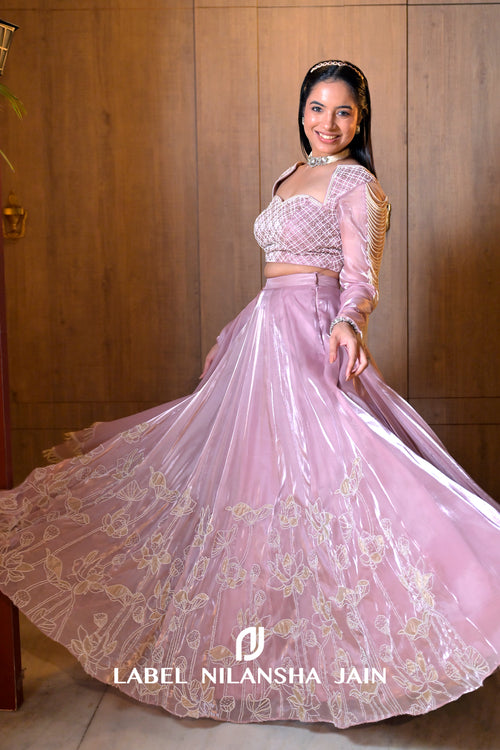 Blush Pink Organza Pearlwork Mukta  Lehenga