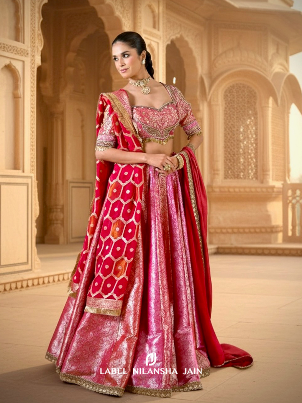 Red-Pink-Gajri Banarasi Bridal Rangotsav Lehenga