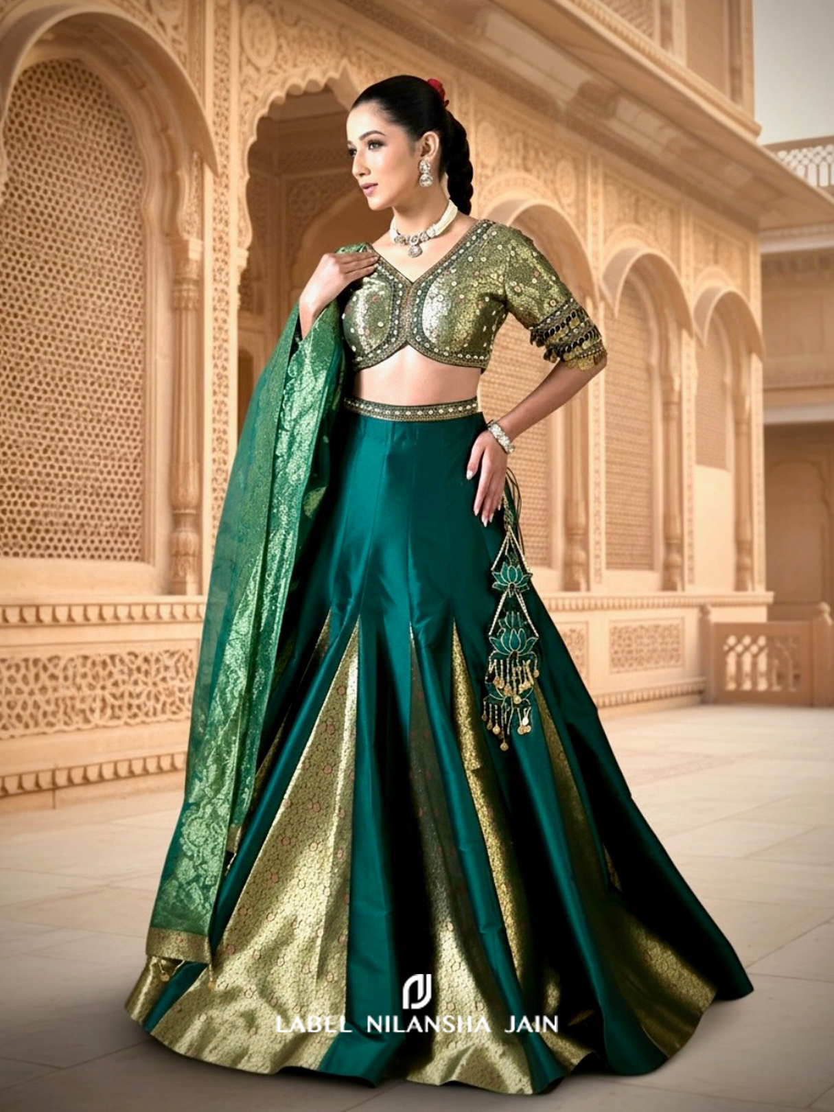 Bottle Green Banarasi Silk Kalidar Rivaz Lehenga