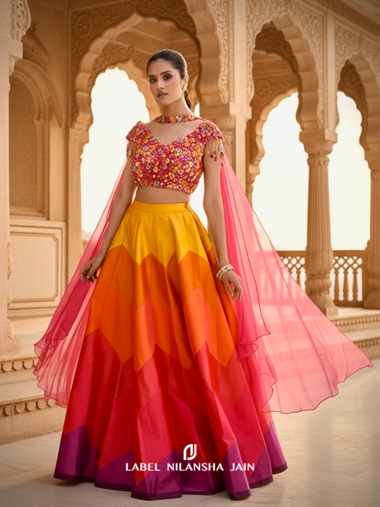 Multicolored Mirrorwork Silk Satrang Lehenga