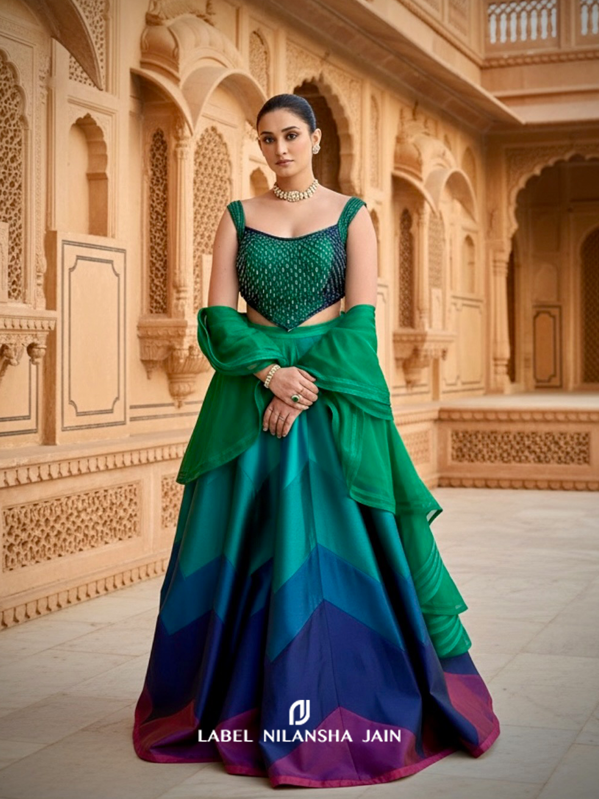 Multicoloured Blue-Green Silk Shahana Lehenga