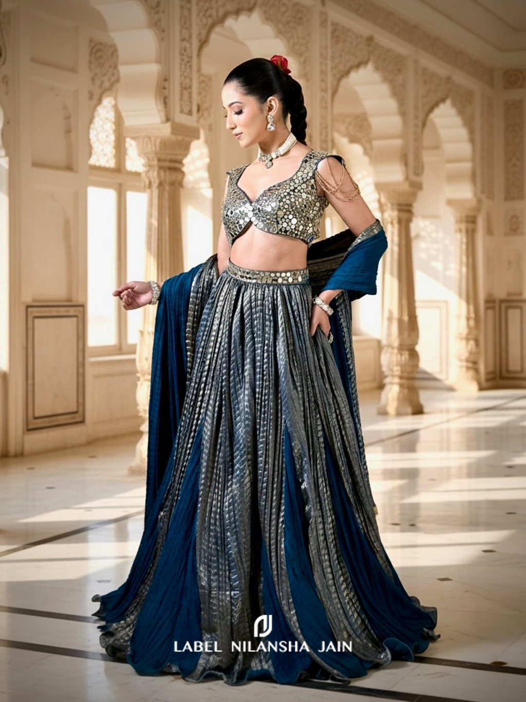 Teal Blue Mirrorwork Tissue Feroza Lehenga