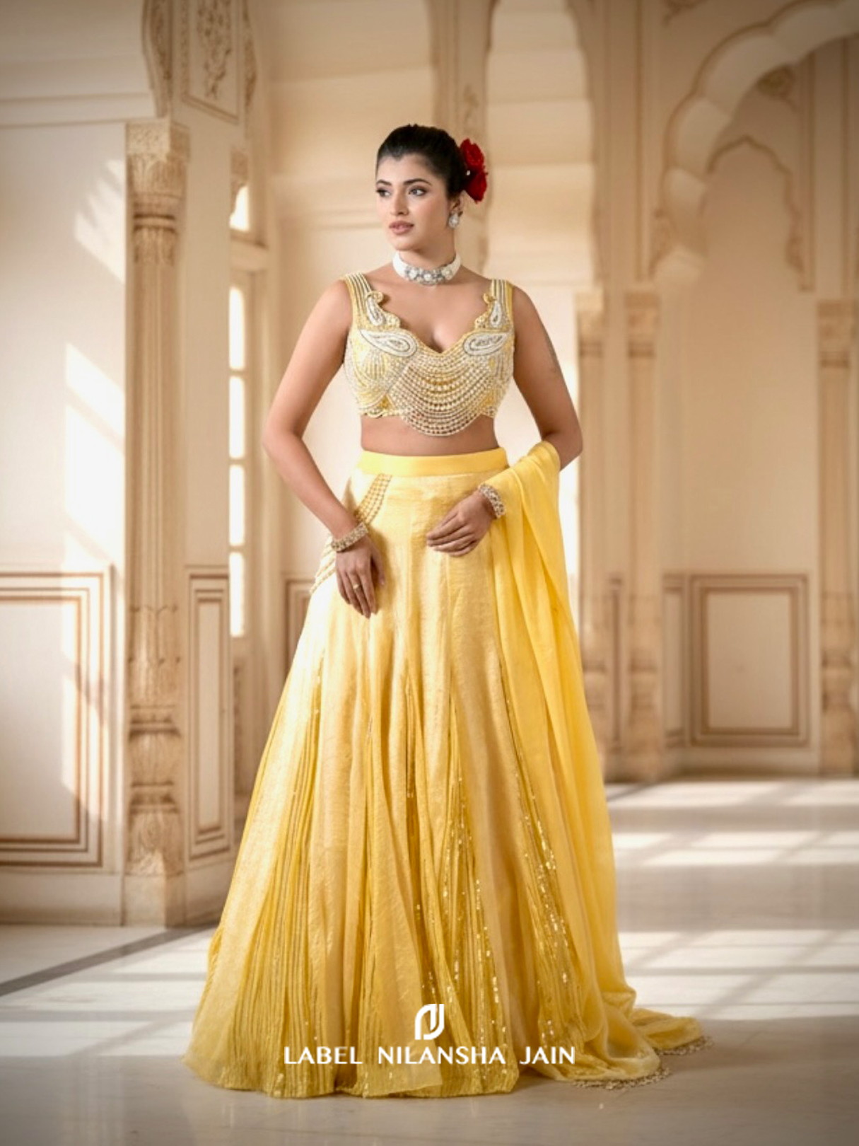 Pastel Yellow Tissue Hoor Lehenga