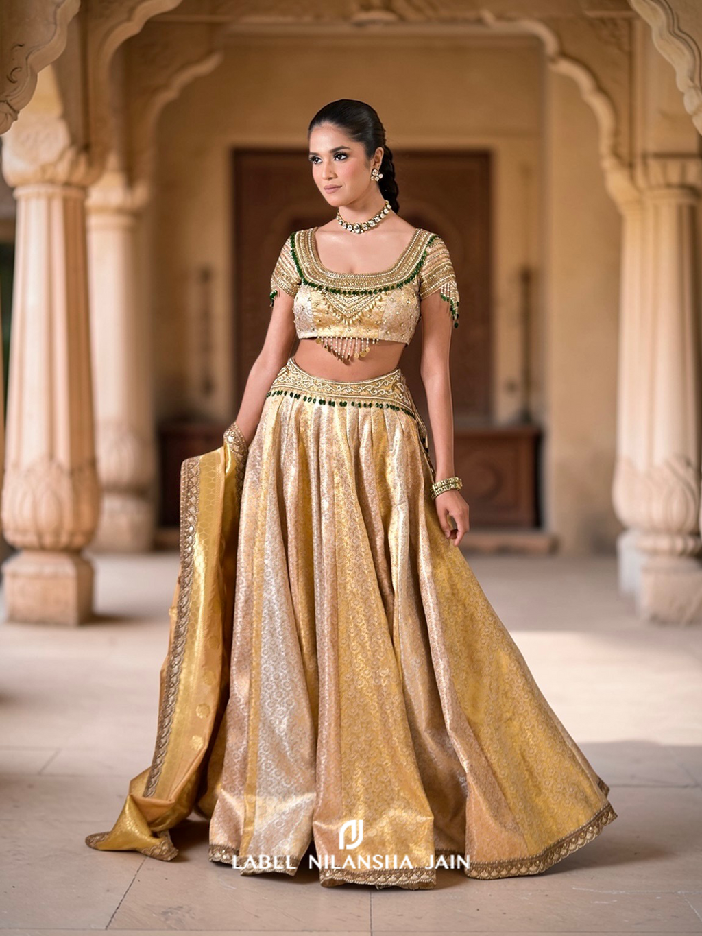 Gold Banarasi Lehenga With Emeralds Roshini Lehenga