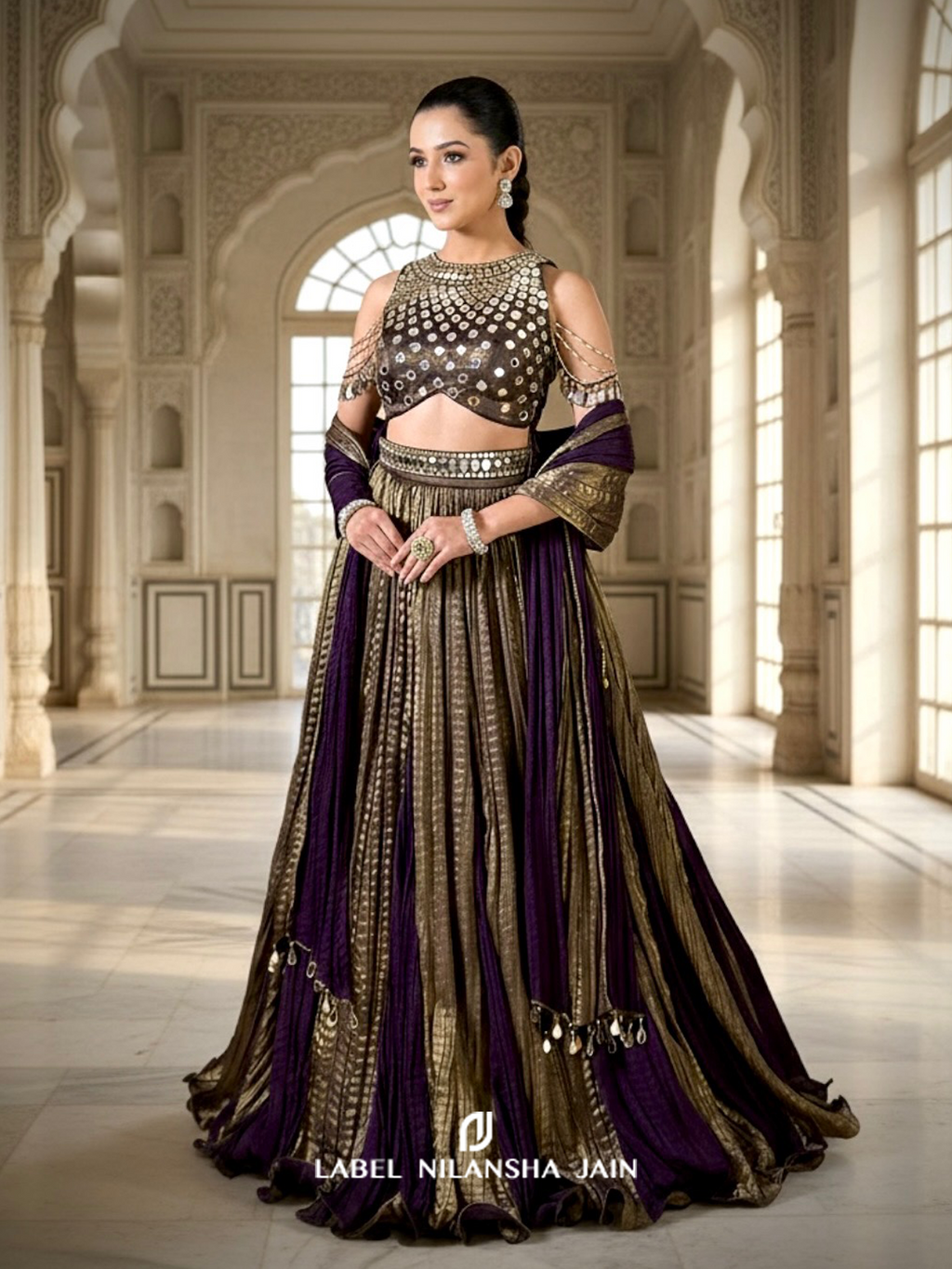 Deep Purple - Copper Tissue Mirrorwork Ruhani Lehenga