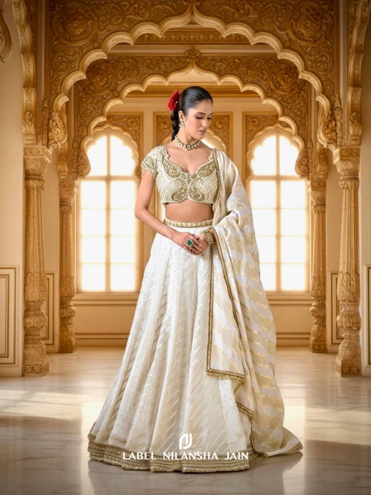 Off White - Gold Banarasi Suhani Lehenga